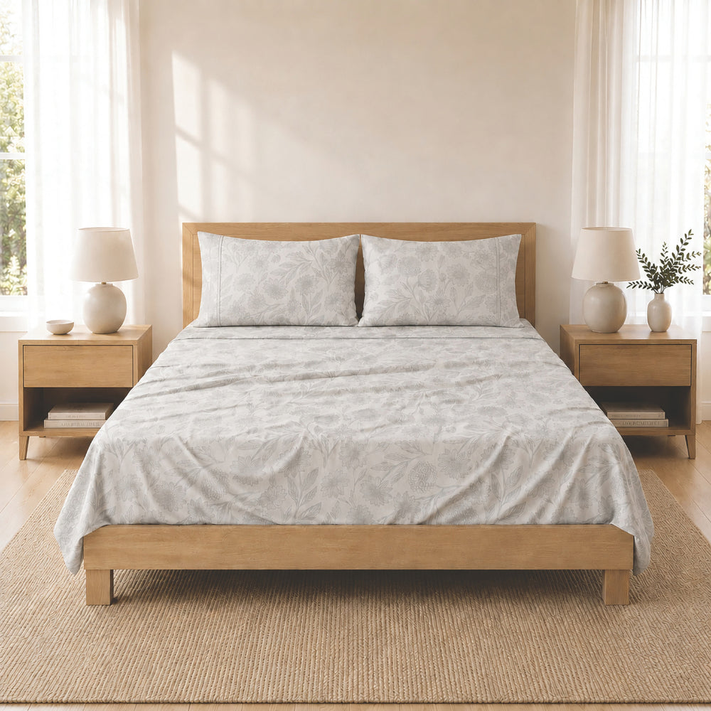 K&Co. House Series Cotton Sheet Set Queen - FLORAL OUTLINE